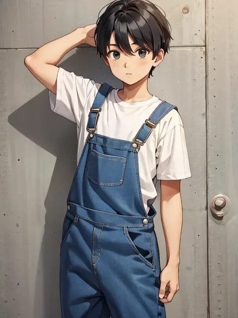 boy wearing oversized overalls