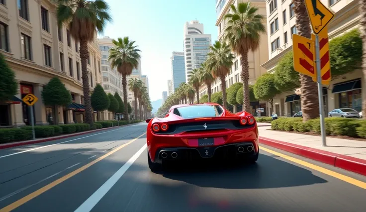 In a Montecarlo intersection a fast Ferrari turns right. Viewed by back. There is a road sign with a symbol of a bolt, indicating right. 