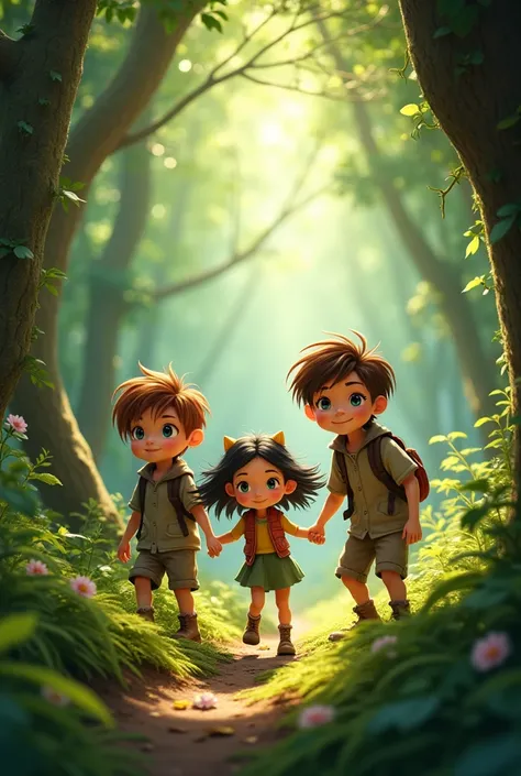 A s-old boy with brown hair and black eyes,a young girl with black hair and green eyes, and a young boy with browm hair and bluıe eyes, are in the forest