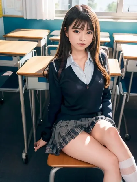 ((classroom)), ((Sitting with legs crossed)), (nsfw), ((masterpiece)), ((Best Quality)), (Super detailed), cute, (device), ((Very detailed)), 4K, (8k), Best Quality, (beautiful), Genuineistic, Genuine, Angry face,Tears, bangs,Small breasts,School Costume,S...