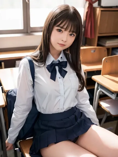 ((classroom)), ((Sitting with legs crossed)), (nsfw), ((masterpiece)), ((Best Quality)), (Super detailed), cute, (device), ((Very detailed)), 4K, (8k), Best Quality, (beautiful), Genuineistic, Genuine, Angry face,Tears, bangs,Small breasts,School Costume,S...