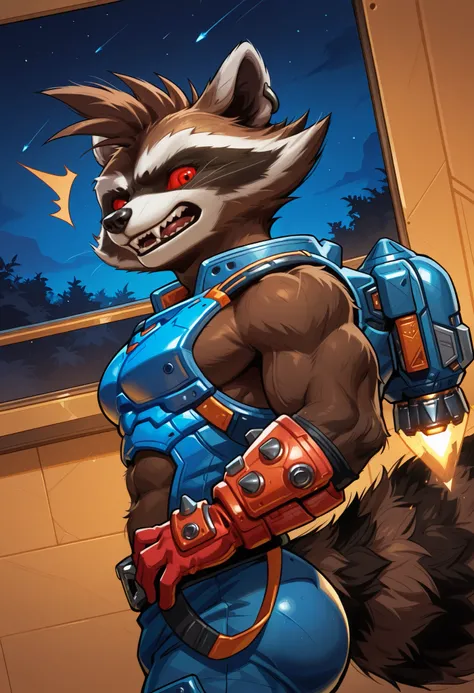 highres, hi res, best quality, masterpiece, intricate details, absurdres, 4k, solo, rocket_raccoon, furry, anthro, raccoon, brown body, brown fur, red sclera, red eyes, black nose, fluffy tail, sharp teeth, fangs, crop top, abs, blue armor, red gloves, glo...