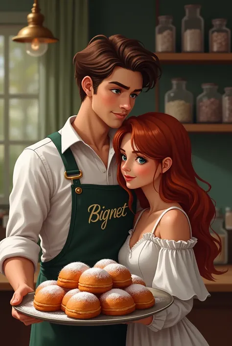 Can you generate a cover for me where a young and beautiful couple is, where the girl has white features,  green eyes,  reddish hair and the boy is tall, something dark with light brown eyes and brown hair where the girl is lying on his chest he holds a tr...