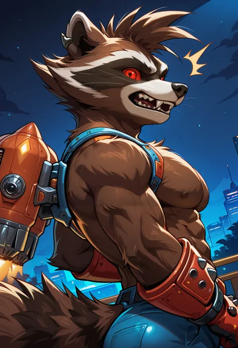 highres, hi res, best quality, masterpiece, intricate details, absurdres, 4k, solo, rocket_raccoon, furry, anthro, raccoon, brown body, brown fur, red sclera, red eyes, black nose, fluffy tail, sharp teeth, fangs, crop top, abs, shirtless, red gloves, glov...
