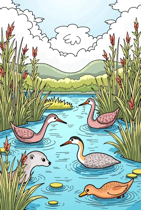 Please generate a black and white image for me to color on the theme of World Wetlands Day for second-grade ren with several animals from the environment 
