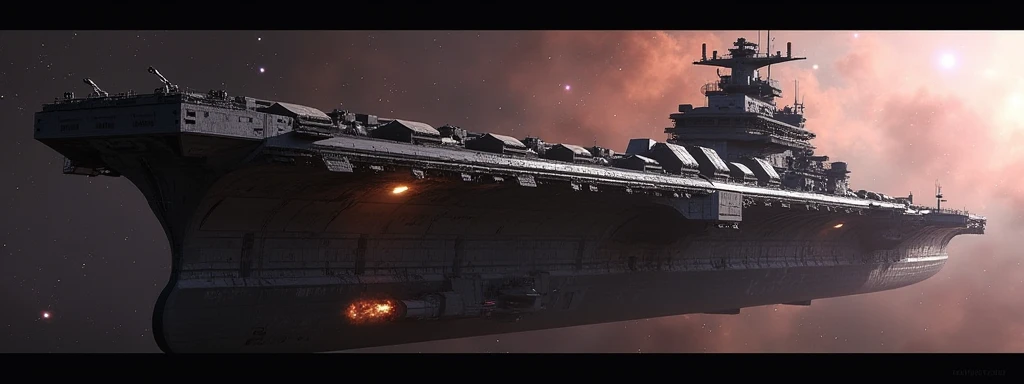 aircraft carrier inspired space battleship, dreadnought, exterior shot, nebula in background, no watermark, battered exterior, battle scarred hull, reentry burned ventral hull, flat ship, no fire, no extended pylons, no wings, no visible weapons