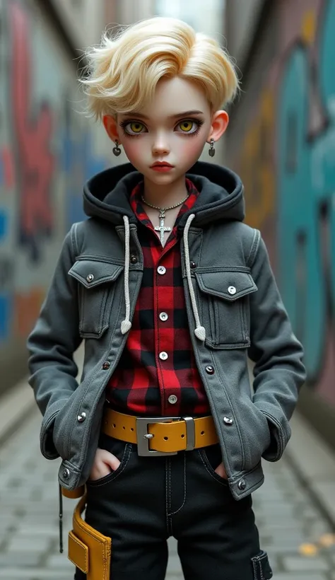 BJD doll,  boy, blond hair, yellow eyes, silver heart earrings, cold expression, red and black plaid closed shirt, hooded jacket with multiple pockets, gray long-sleeved jacket, silver cross necklace, yellow belt, covered Wearing trousers with graffiti pat...