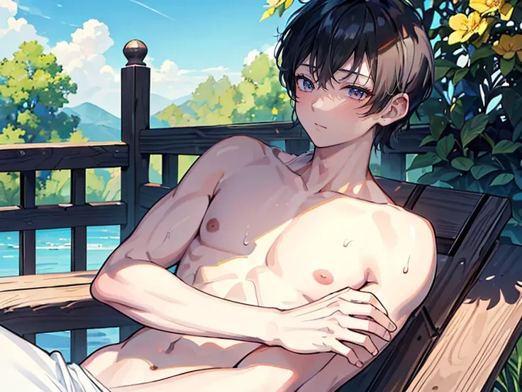 ( Masterpiece), ( top quality),  very detailed, ( 1 boy:1.5)，Solo shot ， perfect face,  beautiful face,  very detailed顔，(  black hair:1.3)，( short hair:1.3)、 blue sky、summer，sweat，Beautiful boy masturbating，I'm ashamed， completely naked， developed pectoral...