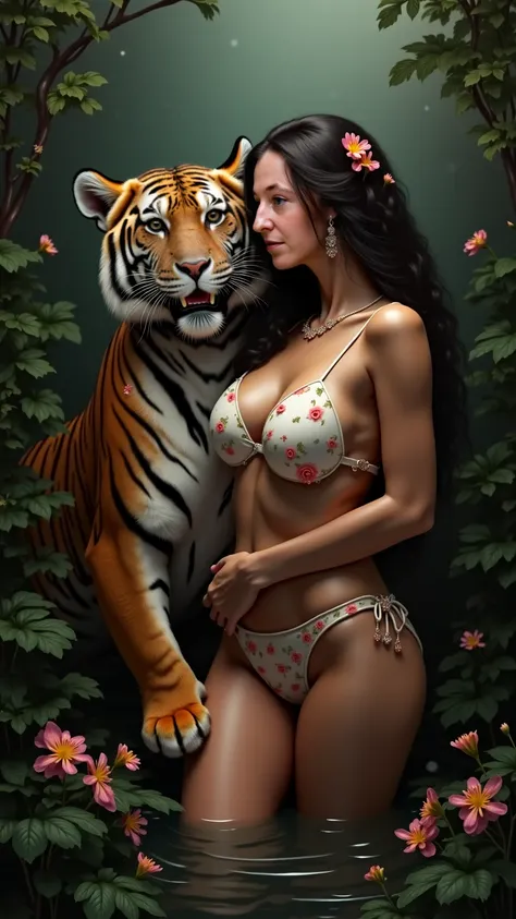 A naked woman, huge breast, perfect body, little flowers covering nipples, woman doing sex with tiger 