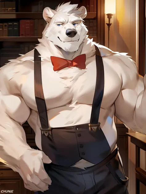 Solo, Male, polar bear, (short hair, snout), messy fur, messy hair, smirking, notched ear, by Bebebebebe, by Spikes, By Darkgem, by Mystic Fox 61, by Chunie, standing, suspenders, looking at viewer, Dilf, Daddy, father figure, mature male, hunk, pecs, very...