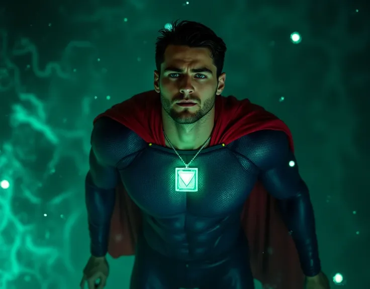 top view, attractive European Man, ericjanicki, Handsome, blue coloured eyes, short brunette hair, 30 years old, beard, wearing blue, form-fitting Superhero suit with a red cape, resembling Superman, a glowing emerald green crystal pendant hanging from his...