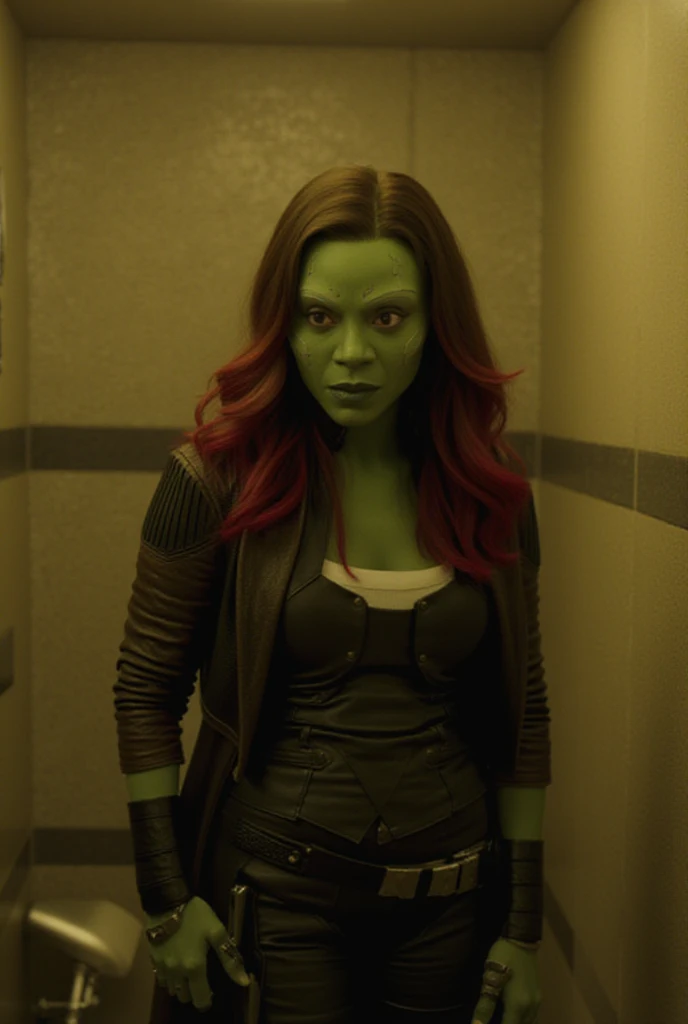 Gamora (Guardians of the Galaxy),selfie in bathroom stall,clothed busty