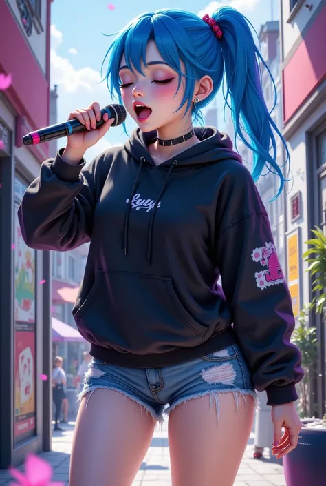 1 girl, Simple background, Colorful background, Microphone, blue color head, Solo, Shorts, Holding microphone, Singing, Eyes closed, Holding, Mouth open, Hood, Hoodie, Denim, Piercing, Torn shorts, Ear piercing, Shoes, Denim shorts, Music, Torn clothing, S...