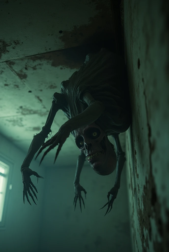 "Deep in an abandoned asylum, a nightmarish entity crawls along the ceiling. Its body is a mass of contorted limbs, each ending in sharp, bony claws. Its head is twisted backward, with hollow eyes that leak black liquid. Its voice is a chorus of whispers, ...