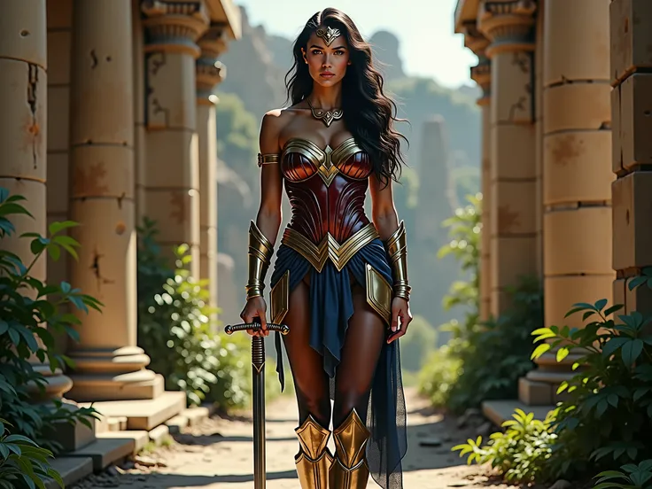 Beautiful European with sheer black pantyhose on her long legs looking like wonder woman in her armor and boots, wearing one sword and golden necklace, inside ancient temple ruins