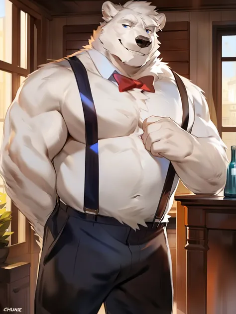 Solo, Male, polar bear, (short hair, snout), messy fur, messy hair, smirking, notched ear, by Bebebebebe, by Spikes, By Darkgem, by Mystic Fox 61, by Chunie, standing, suspenders, looking at viewer, Dilf, Daddy, father figure, mature male, hunk, pecs, very...