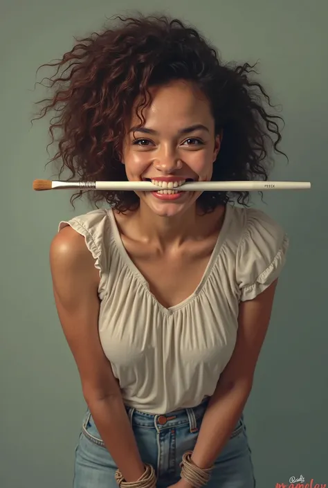 Generate a 3/4 profile of a woman’s face smiling while proudly displaying a white paintbrush glued between her teeth and her hands tied behind her back 