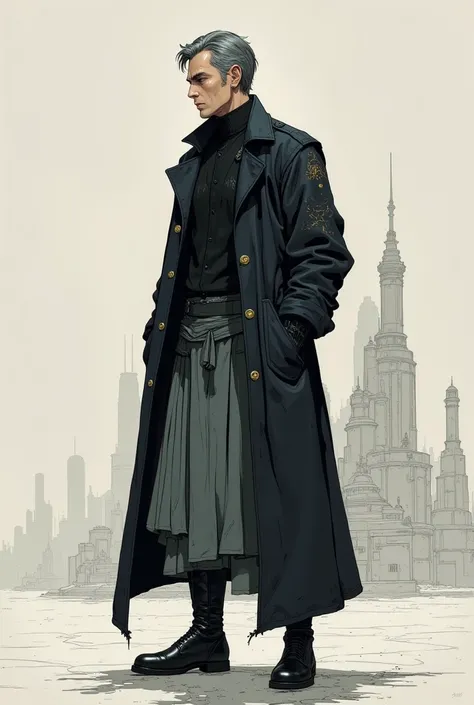 (masterpiece,best quality:1.2), A Dignified Appearance 、 staring into the distance、a very thin man\(50 years old man,dark gray hair,short hair,classic,handsome gentle man),monotone clothes\(Futuristic Cyberpunk Outfit ,futuristic samurai style, deep black ...