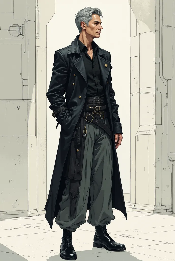 (masterpiece,best quality:1.2), A Dignified Appearance 、 staring into the distance、a very thin man\(50 years old man,dark gray hair,short hair,classic,handsome gentle man),monotone clothes\(Futuristic Cyberpunk Outfit ,futuristic samurai style, deep black ...