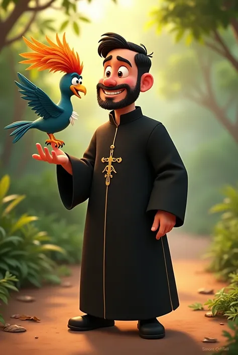 San Juan Bosco with his black cassock playing a Guatemalan quetzal with his hand in an animated cartoon