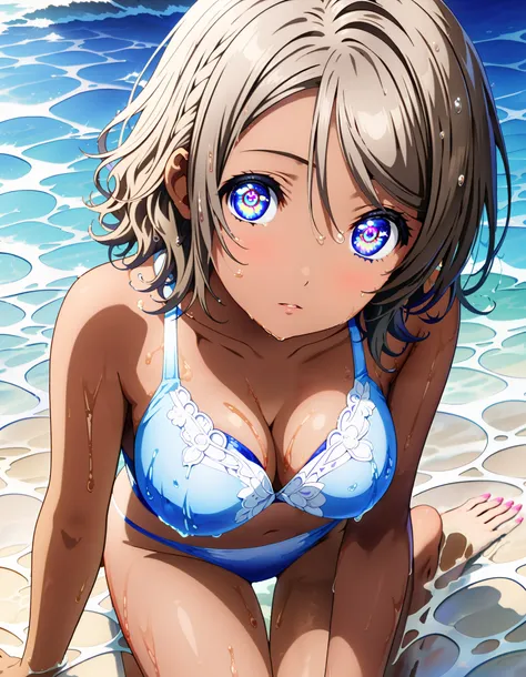  score_9,  score_8_ up the side,  score_7_ up the side, Alone,  1 girl, Watanabe,  short hair, Hair, Medium breast, cleavage, blue eyes,Blue bikini swimsuit ,Bare legs, tan, brown skin, tanの跡, wet hair, wet skin, wet swimsuit ,whole bodyが illustration に入るよ...