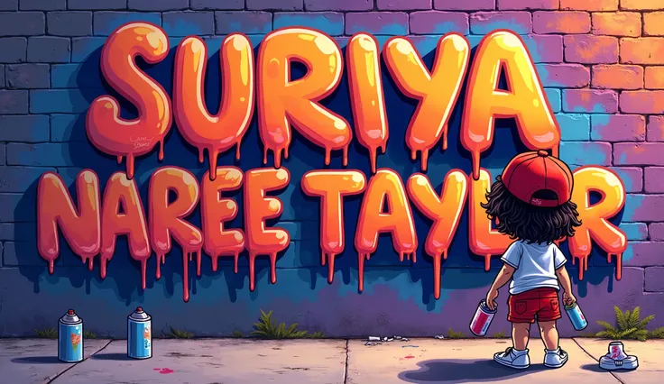 "A vibrant street art scene with a beautiful 20 year old chibi  girl in an white t-shirt, with  red cap and red rip shorts, white sneakers holding a spray can, facing a graffiti brick wall. The wall features the word 'SURIYA NAREE TAYLOR' in glossy bold, d...