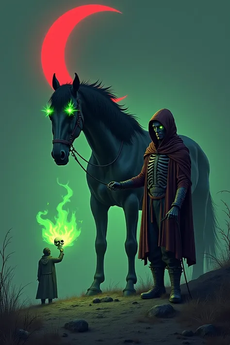 A nightmarish and skeptical horse with glowing flames for eyes, accompanied by an african man in a gothic hoodie cloak and skeleton armor, holding green flame skull magic in a nightmarish landscape under a red crescent moon.