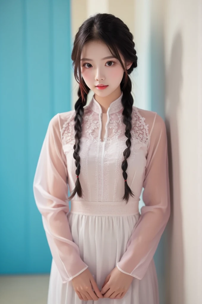   Masterpiece 、  high quality, Chest size 25  , braids , Ao Dai、 I can see your knees、 white wall background, facing the front