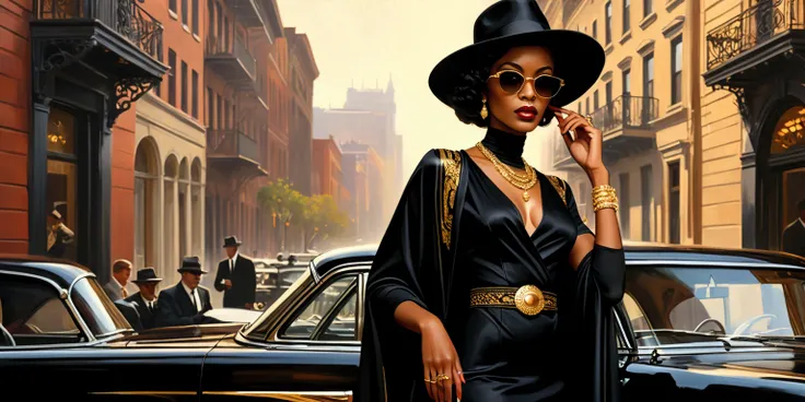 (photorealism:1.2),(Retro theme:1.5),(1960s theme:1.5), (Elegant woman:1.5),(inspiration from American Gangster:1.5)(inspiration from Harlem Nights:1.5), Elegant, calm, smooth african-american woman dressed in a fine black dress with gold detail wearing a ...