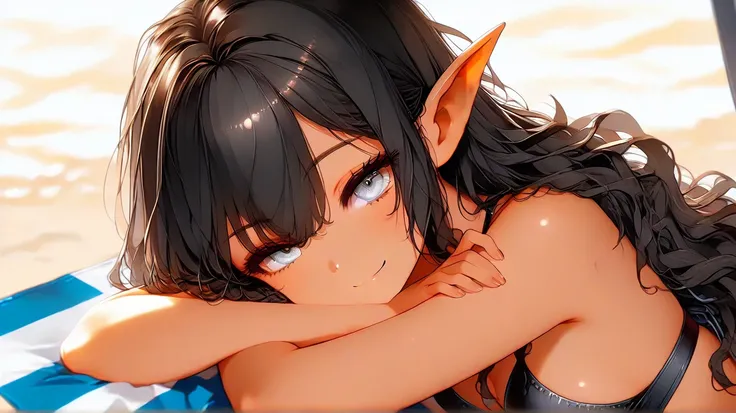 a ((30 year old)) female elf with long ((black)) ((wavy)) hair and ((gray)) eyes, wearing a (black and red) bikini, smirking, sleeping on a beach towel, next to a crow, at the beach, high detail, high quality, best quality, 8k, masterpiece, beautiful face