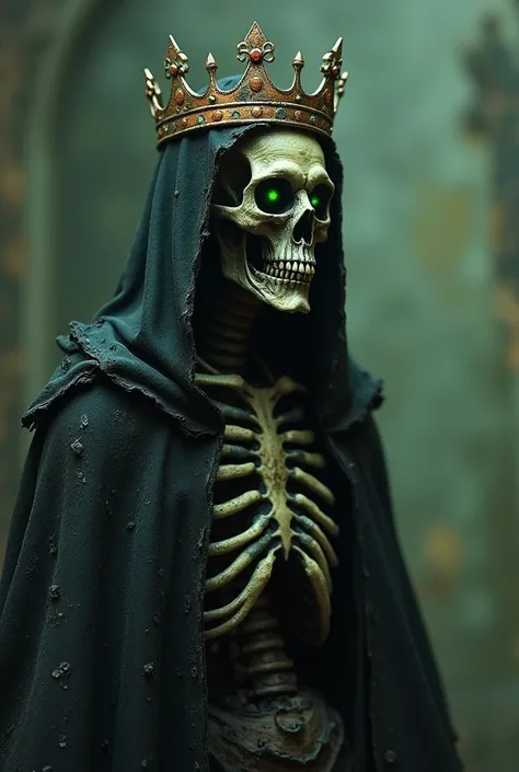 An ancient, skeletal figure draped in rotting, regal robes. Its crown is fused to its skull, rusted and dripping with black ichor. Hollow eyes burn with a sickly green glow, and its mouth never moves, yet whispers of forgotten horrors echo through the air....