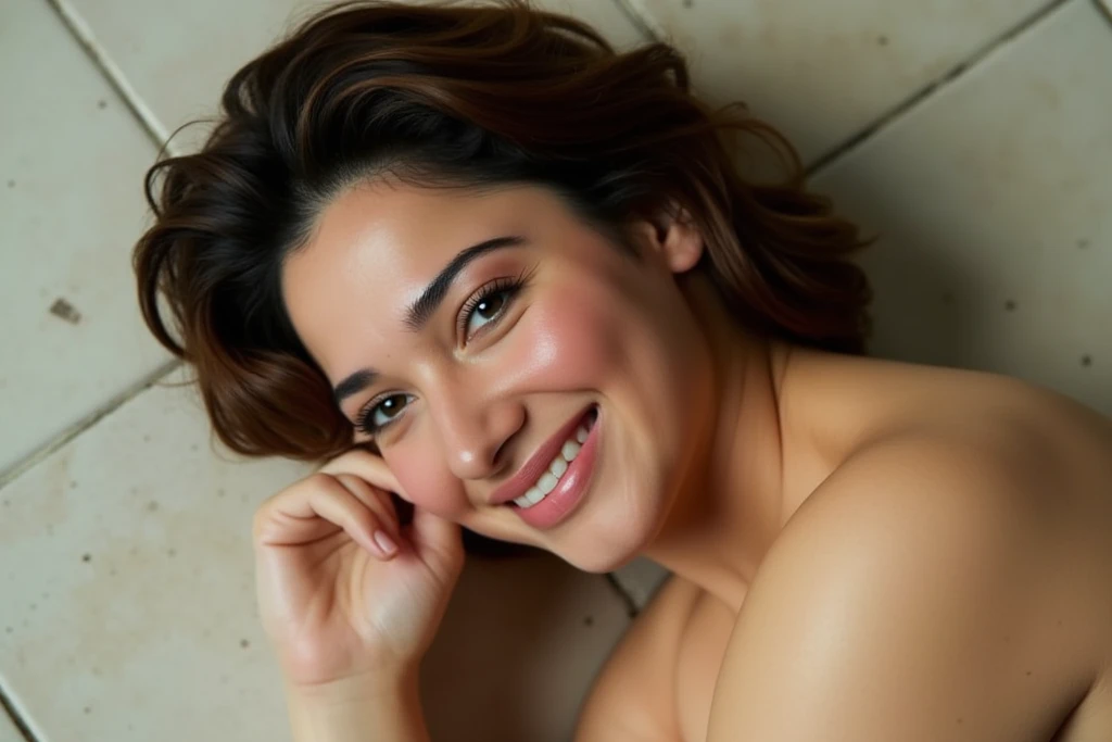 tamannaah lying naked on dirty white tiled floor. Medium complexion, dark brown hair, smiling expression, relaxed body language. sensual pose, natural lighting, realistic, photorealistic, 8k, high resolution, detailed facial features, beautiful eyes, full ...