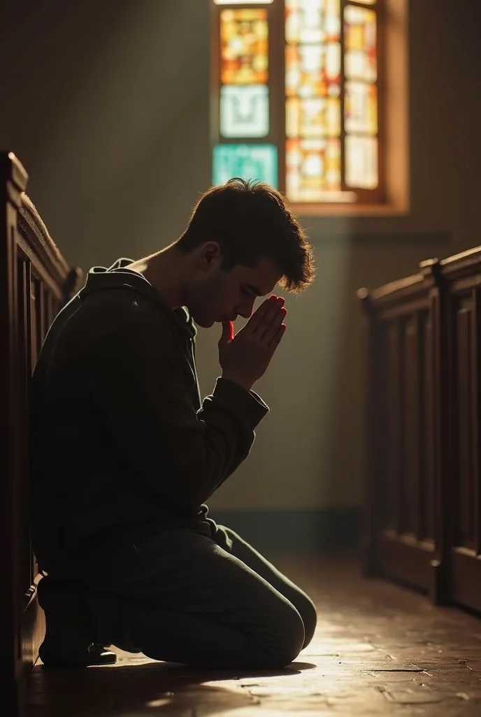 Describe a video for me, Of several kneeling young people inside an evangelical church,  with a face hidden in his hands , visibly moved. Around you,  the soft light that enters through the colored windows illuminates the environment ,  and the soft echo o...