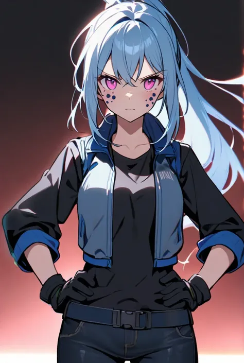 A girl, long hair, light blue hair, ponytail, open light blue vest, grey open jacket, black shirt, black gloves, dark blue combat jeans, pink eyes, dark blue spots dotted on her face and neck, hands on her hips