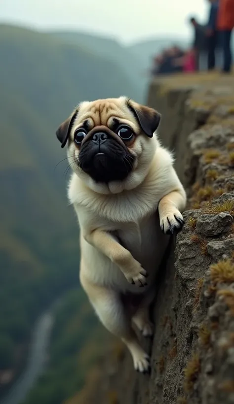  A small fluffy pug hangs on the edge of a cliff , holding on with their front paws while their big, bright eyes demonstrate fear and despair.  Their expression is one of pure panic ,  with their little ears down and some tears flowing . below it,  the aby...