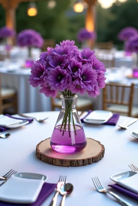 round wedding table with centerpiece a chemical flask with purple flowers inside the flask