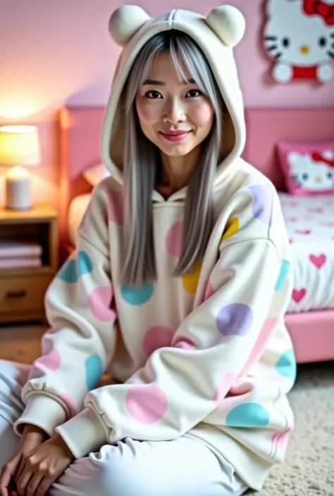 50 years old Asian girl real photo long straight hair gray  in soft tones wears a white fleece sweatshirt with soft pink, blue, yellow and purple spots has an integrated hood in the shape of Hello Kitty with Hello Kitty ears and a Hello Kitty bow wears whi...