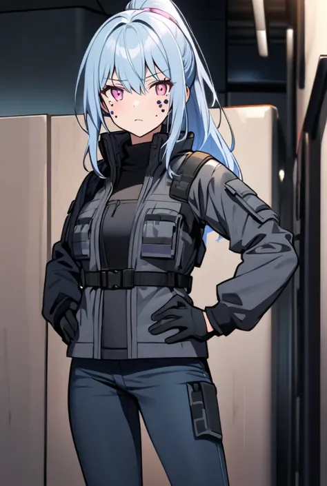 A girl, long hair, light blue hair, ponytail, open gray tactical jacket, black gloves, dark blue combat jeans, pink eyes, dark blue spots dotted on her face and neck,hands on her hips