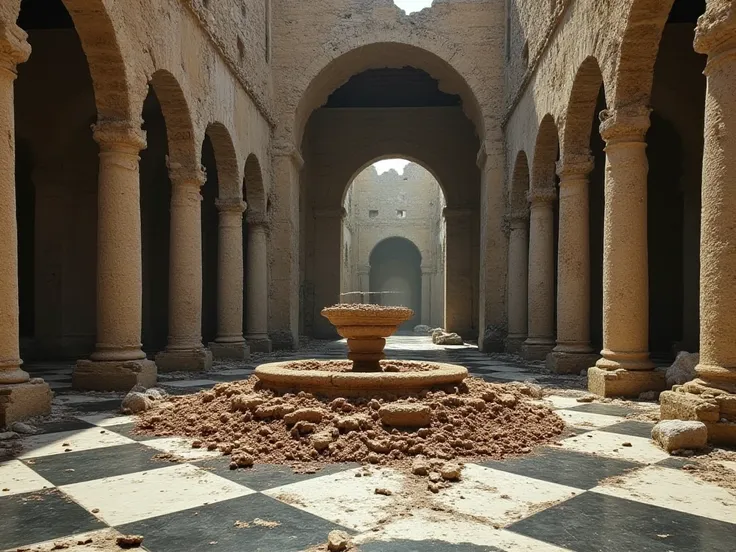  A Greek ballroom in ruins, The entrance is an arch in the classical architecture style made of marble.  The place is delimited by four main broken walls that go up to about six meters high ,  there is debris everywhere as if the building had literally fal...