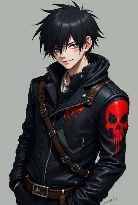 A boy with hair around his neck who is emo-style his hair but who doesn't cover his eye with a scar on his left cheek that has a red skull logo printed on the left side of a black leather jacket whose eyes are gray and looks like an adult NOT like a 15-yea...