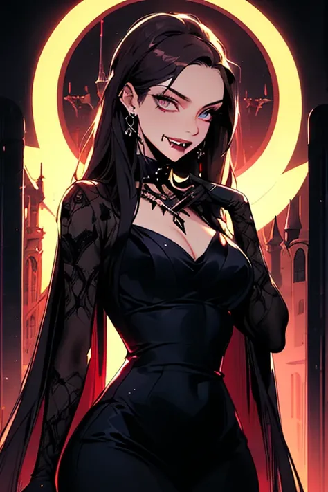 (( obra maestra, mejor calidad ))  cuerpo completo,  , 1 niña, vampire, caminando , pose elegante, elegant goth dress,  goth, elegant jewelry, nice eyes, showing her fangs, blood. Background: gothic castle, moonlight, glow lights