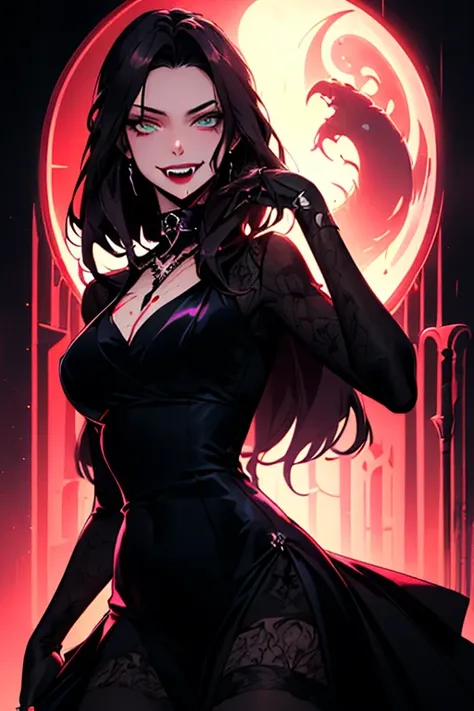 (( obra maestra, mejor calidad ))  cuerpo completo,  , 1 niña, vampire, caminando , pose elegante, elegant goth dress,  goth, elegant jewelry, nice eyes, showing her fangs, blood. Background: gothic castle, moonlight, glow lights