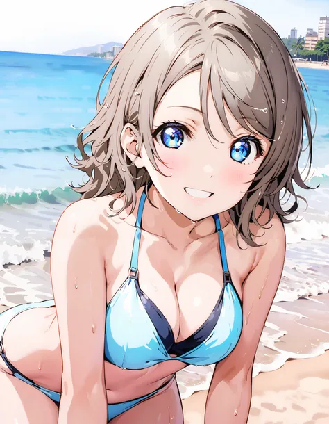  1 girl, Watanabe,  short hair, Hair, Medium breast, cleavage, blue eyes,smile,blush, grin ,blue string bikini,Bare legs, tan, brown skin, tanの跡, wet hair, wet skin, wet swimsuit ,whole bodyがイラストに入るように,
break outdoors,  beach,sea,
break looking at viewer,w...