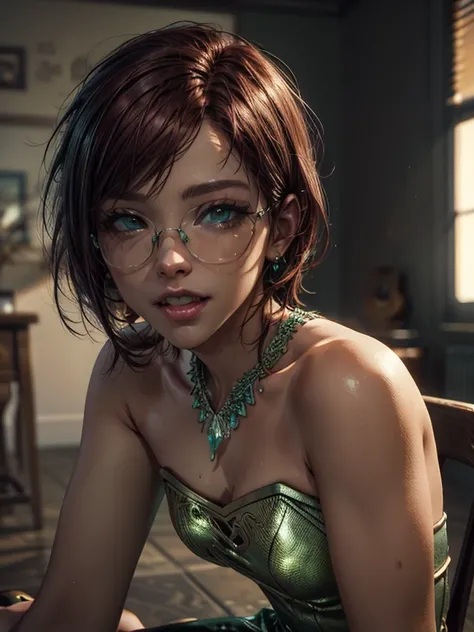  close-up ,  upper body . Short,  red hair ,  green eyes, ( metallic glasses:1.2), (crystal necklace:1.2),  green strapless dress, smiling girl   ( sits on a chair :1.2) in the room. ( masterpiece,  top quality ,  Best quality,  official art ,  beautiful a...