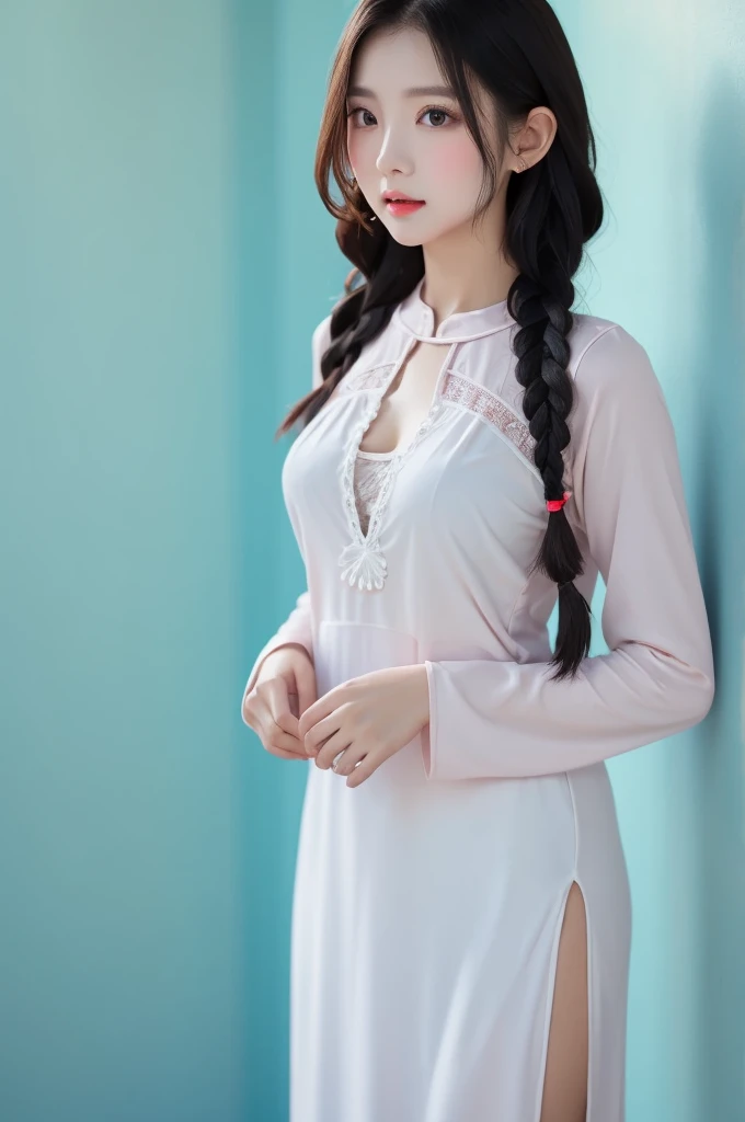   Masterpiece 、  high quality, Chest size 25  , braids , Ao Dai、  slit、I can see your knees、 white wall background, facing the front