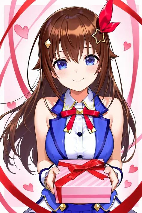 Tokino Sora, brown hair, solo, blue eyes, star hair accessory, red ribbon, smiling face, large breasts, Valentine, pass the box, ❤️, smile