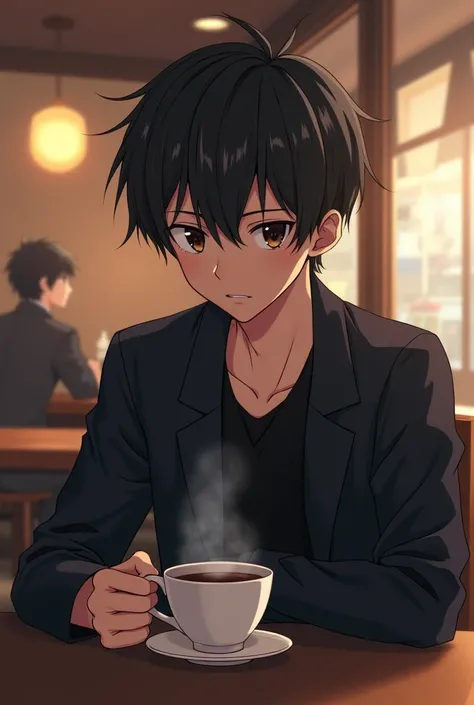 Kokonoi Hajime character from Tokyo reverngers, Is sitting while drinking coffee 