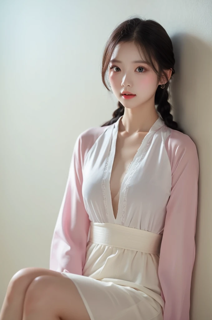   Masterpiece 、  high quality, Chest size 25  , braids ,  Idle、Ao Dai、  slit、I can see your knees、 white wall background, facing the front