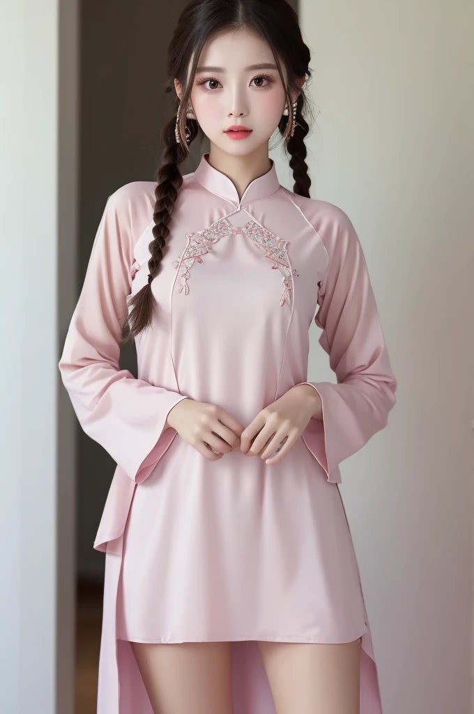   Masterpiece 、  high quality, Chest size 25  , braids ,  Idle、Ao Dai、  slit、I can see your knees、 white wall background, facing the front