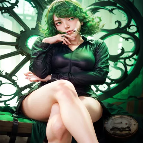 anime girl with green hair sitting on a bench in front of a clock, tatsumaki from one punch man, tatsumaki, tatsumaki with green curly hair, anya from spy x family, range murata and artgerm, demon slayer rui fanart, extremely detailed artgerm, style ivan t...